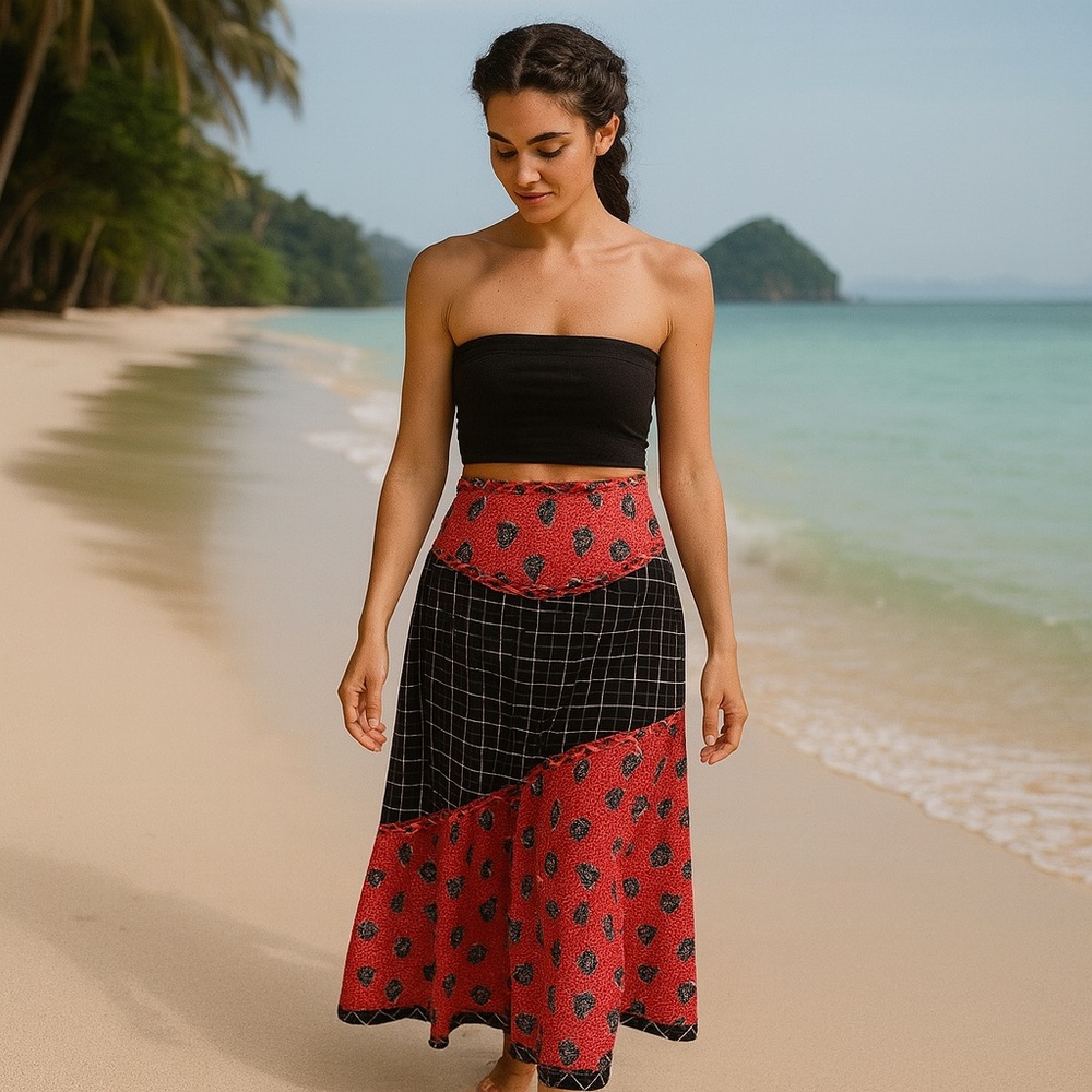 Jeanne Marc Window Pain Geometric Skirt w/Belt Long Red Black Women Elastic S - Picture 1 of 7